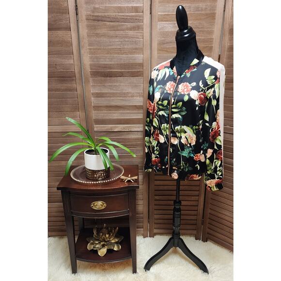 Jeans By Buffalo Womens Size Large L Retro Floral Rose Zip-Up Black Jacket - Picture 4 of 7